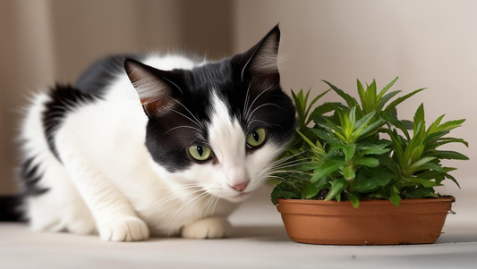 a black and white cat sniffing catnip