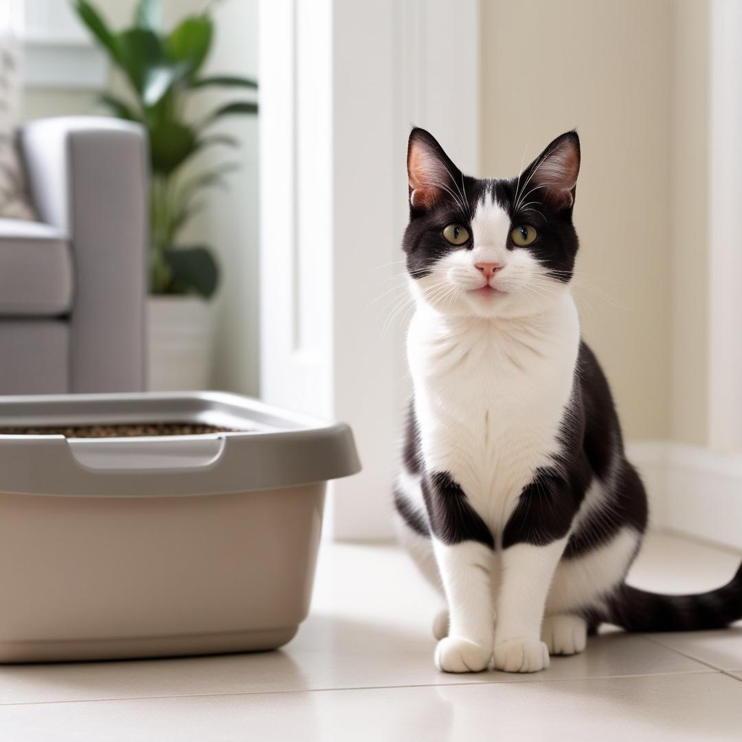 Cat standing beside its litterbox